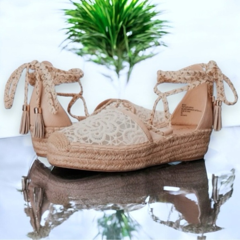 Nanette Lepore Bitsy Cream and Gold Woven Platform Ankle Tie‎ Espadrille